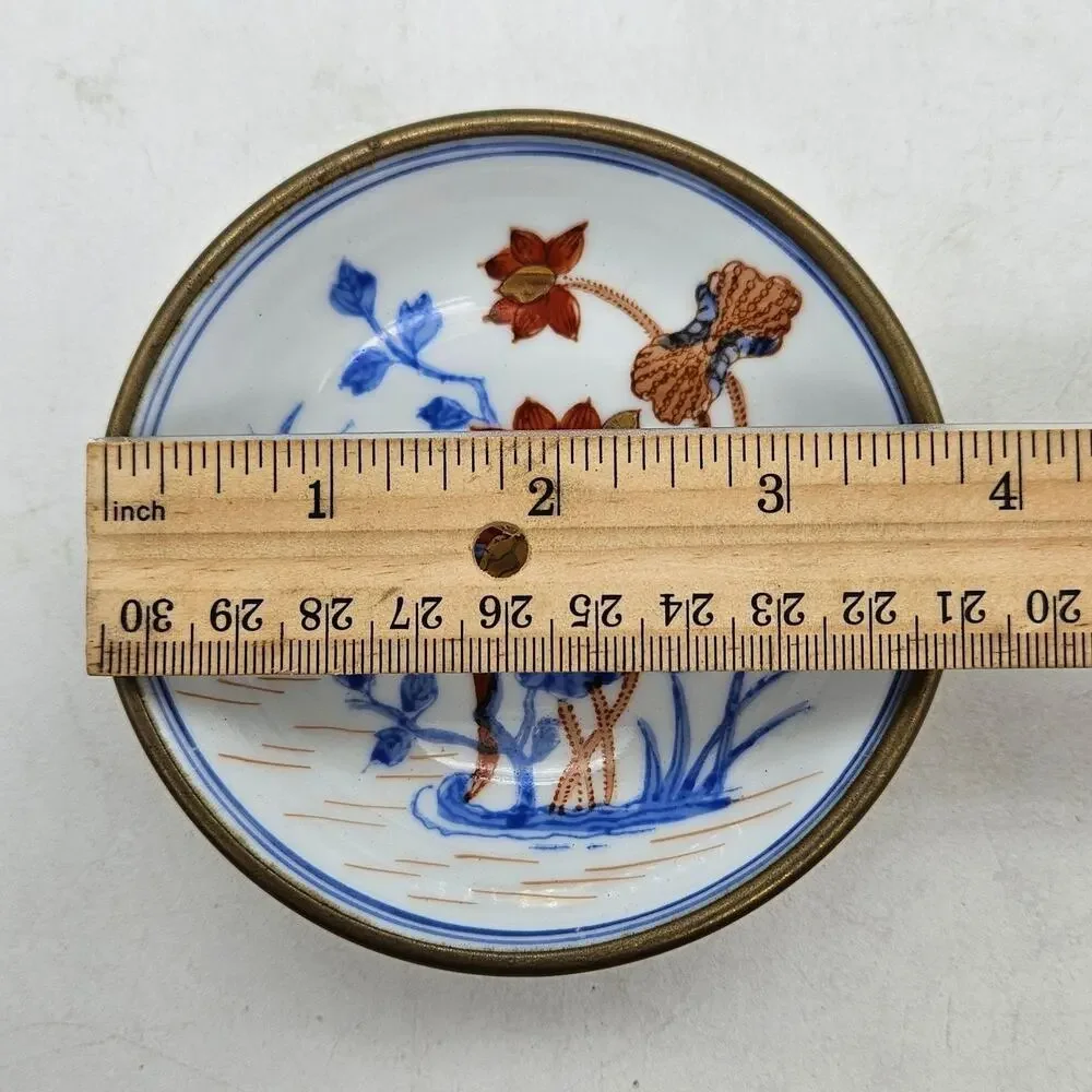 Vintage Japanese Porcelain Collector Plate Brass Trim Floral T.F.F. Hong Kong